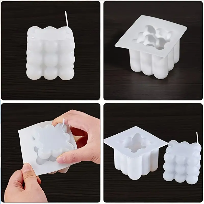Step-by-step process of using a silicone mold to create a bubble candle, showing how to pour wax and release the candle from the mold.