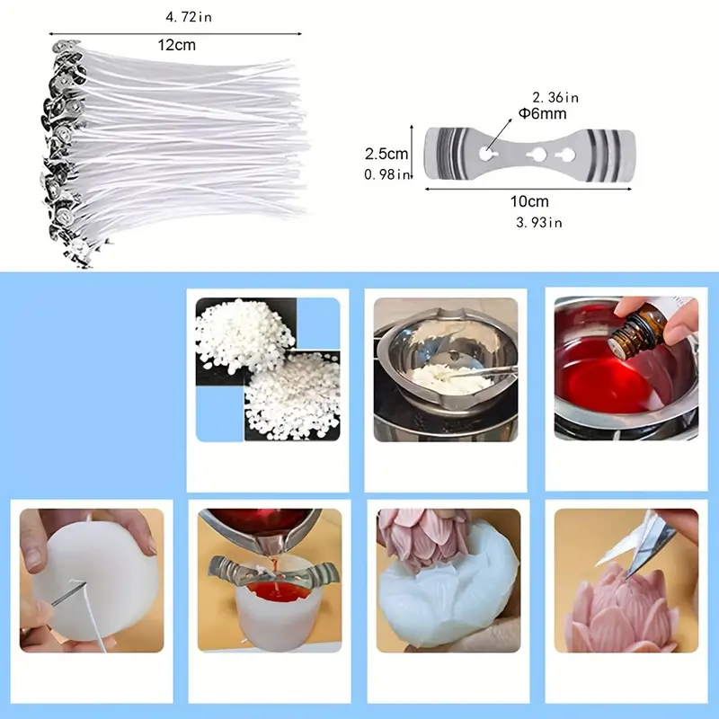 Detailed dimensions of candle wicks and wick holder included with the silicone mold set, used for securing the wick during candle making.