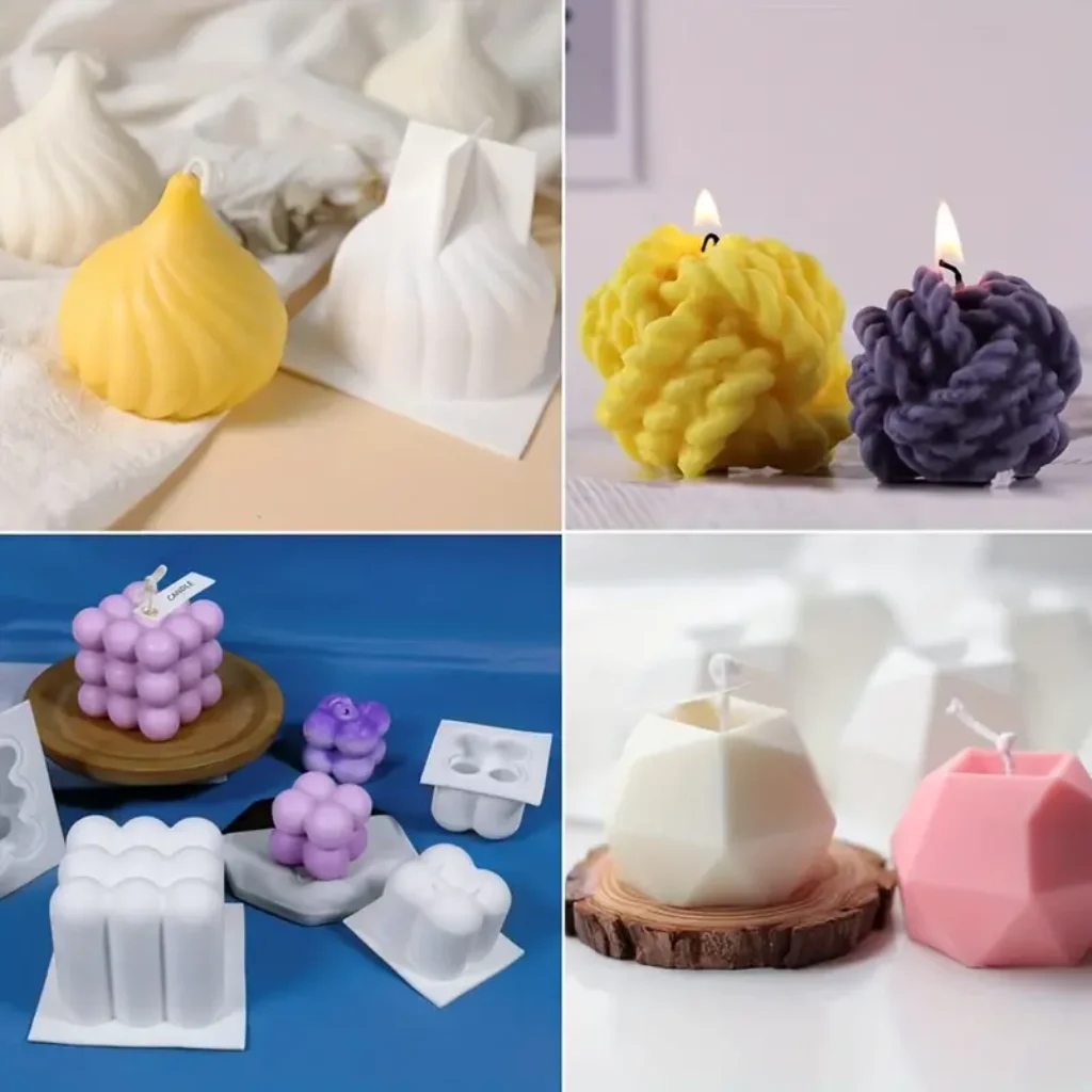 Finished candles created using silicone molds, featuring various unique designs like bubbles, yarn ball, and geometric shapes.