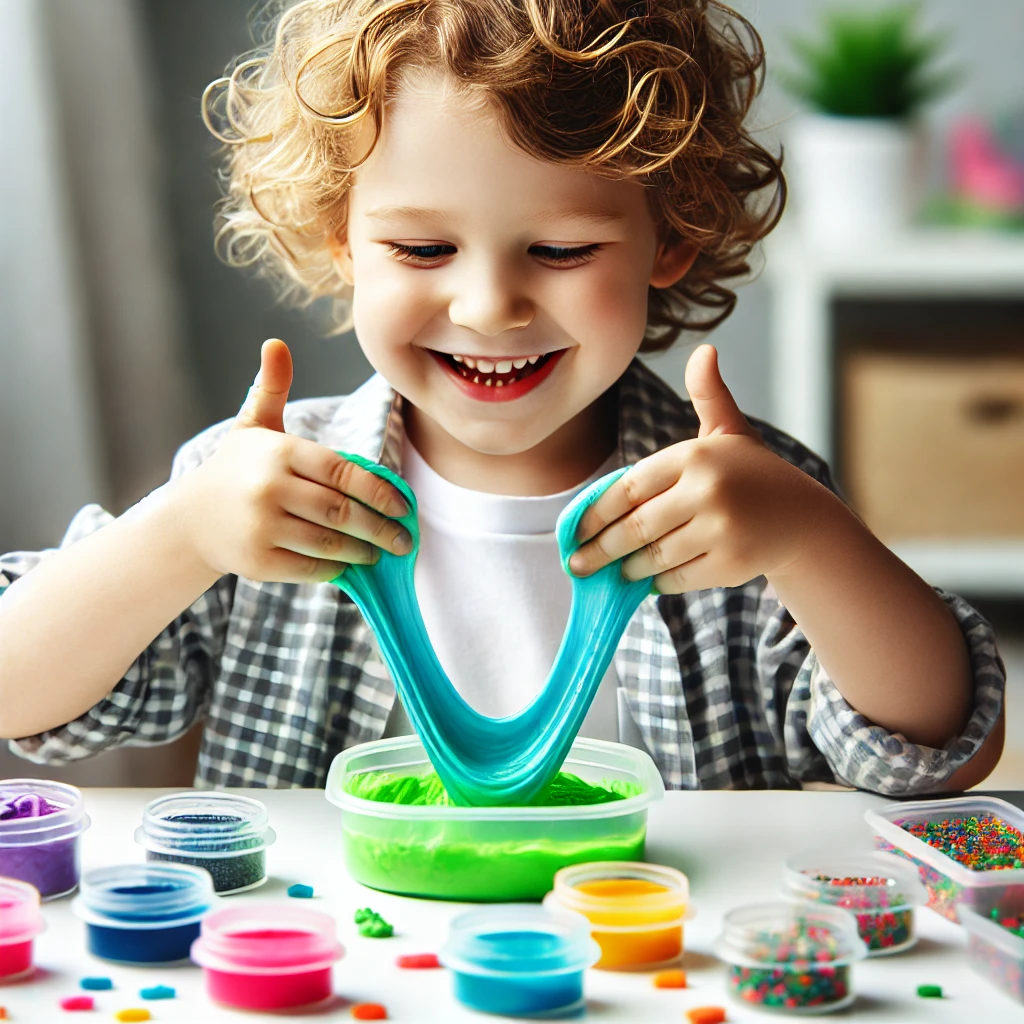 Smiling child playing with colorful slime, stretching blue slime in their hands, with colorful containers of slime on the table.
