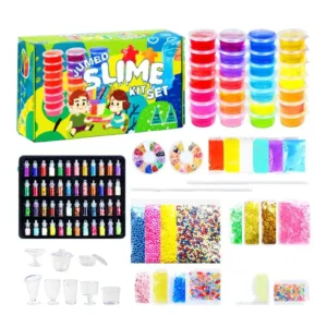 Jumbo slime kit 141-in-1 featuring multicolored slimes, decorations, foam beads, modeling tools, molds, and additional accessories.
