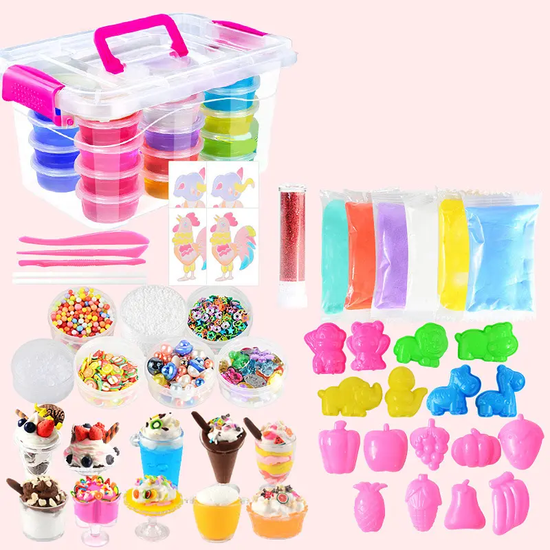Slime kit featuring multicolored slimes, decorations, animal and fruit-shaped molds, plastic tools, and glitter.