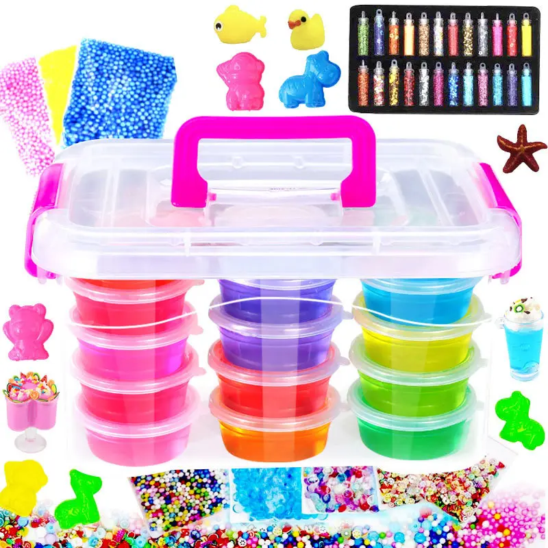 Slime kit featuring multicolored slimes, glitter, foam beads, animal figurines, and a plastic container.