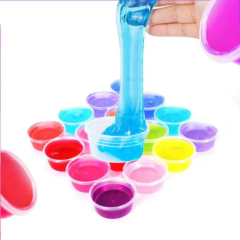 Set of colorful slimes in containers, with blue slime being stretched in hand.